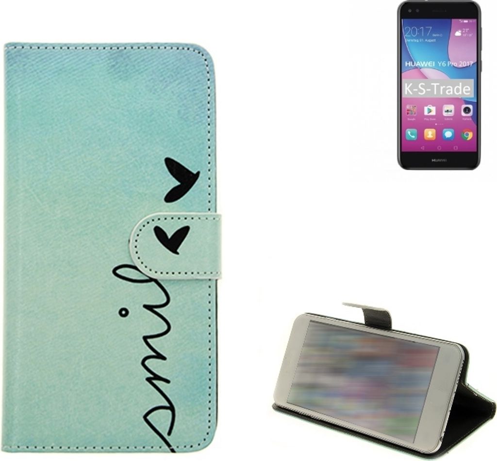 K-S-Trade Schutz-Hülle Handy-Hülle kompatibel mit Huawei Y6 Pro 2017 Dual SIM Hülle Wallet Case Flip cover bookstyle Etui Handyhülle ''smile''