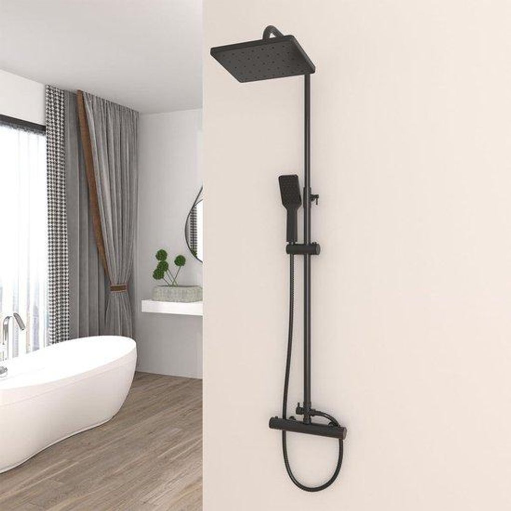 Schwarzes thermostatisches Duschsystem - Regendusche Rechteck - 25x17cm - inklusive Handbrause - Stahlrohrdusche