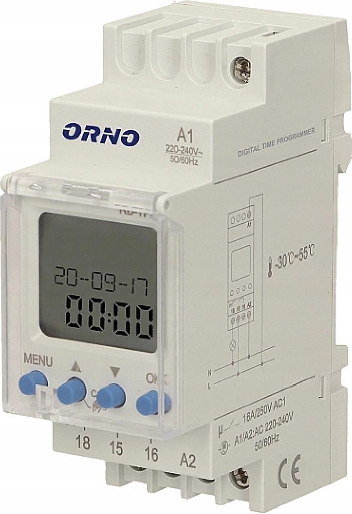 A digital time programmer device mounted on a DIN rail.