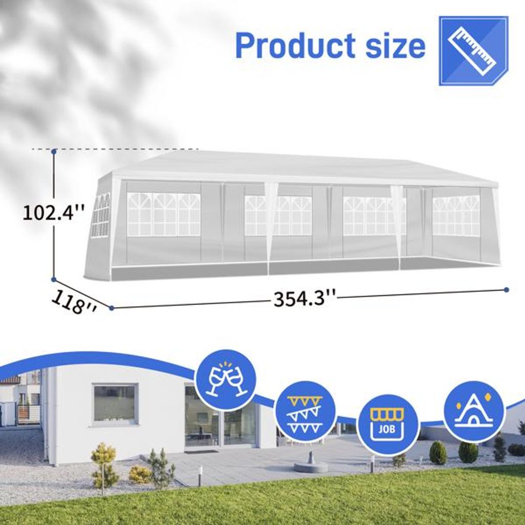 10'x30' Outdoor Party Tent with 8 Removable Sidewalls, Waterproof Canopy Patio Wedding Gazebo, White