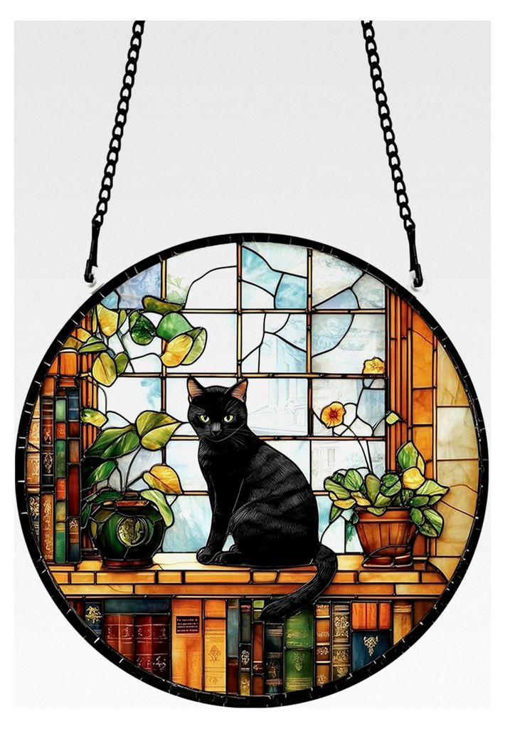 Sonnenfänger aus gebeiztem Glas mit schwarzer Katze, Lichtfänger aus Acryl für Terrasse und Garten, hängender Baumschmuck für Wohnzimmer, Schl...