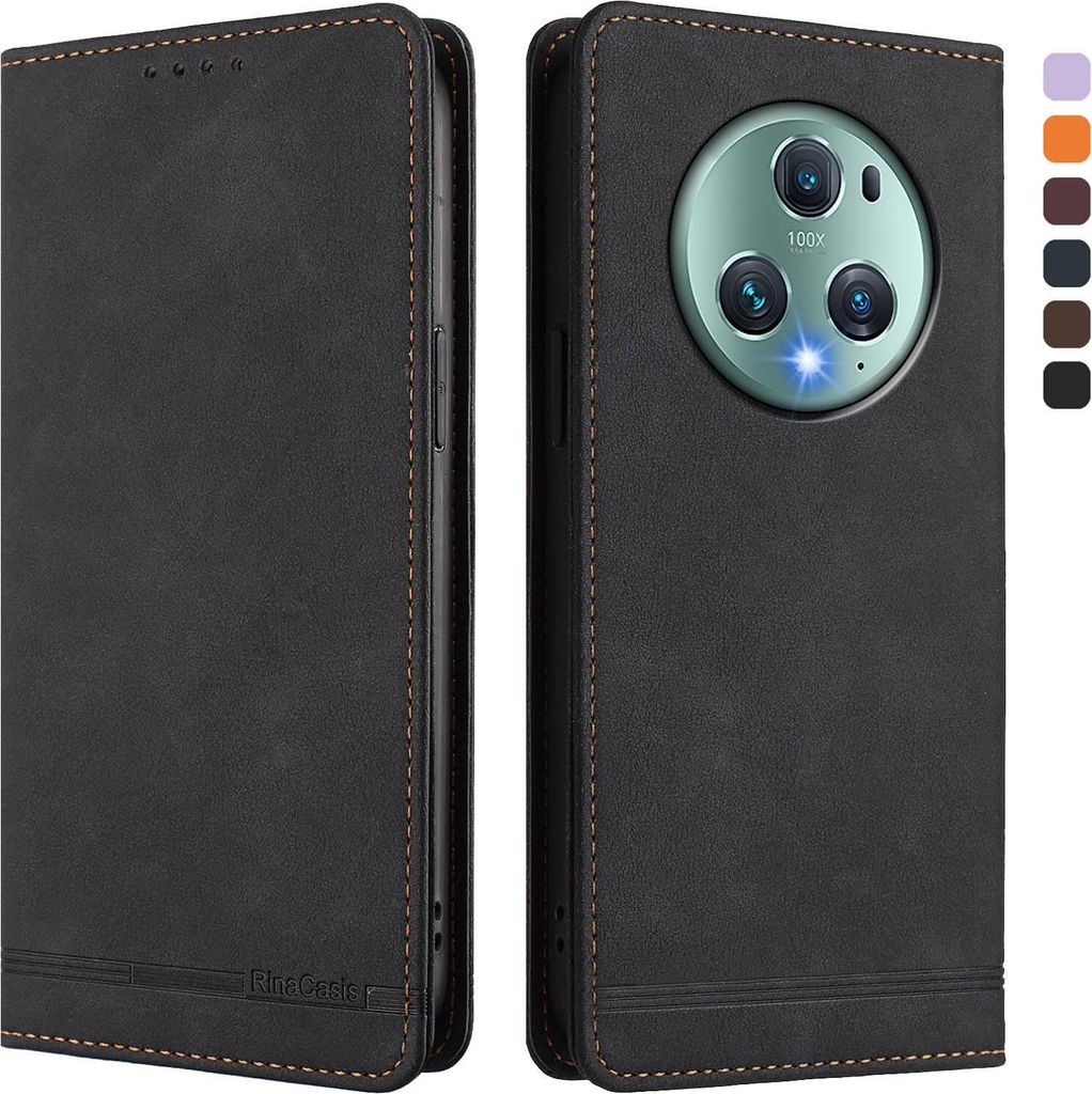 Hülle für Honor Magic5 Pro, Retro Kunstleder Ständer Klapphülle mit Kartenfächer und Magnetische Schwarz