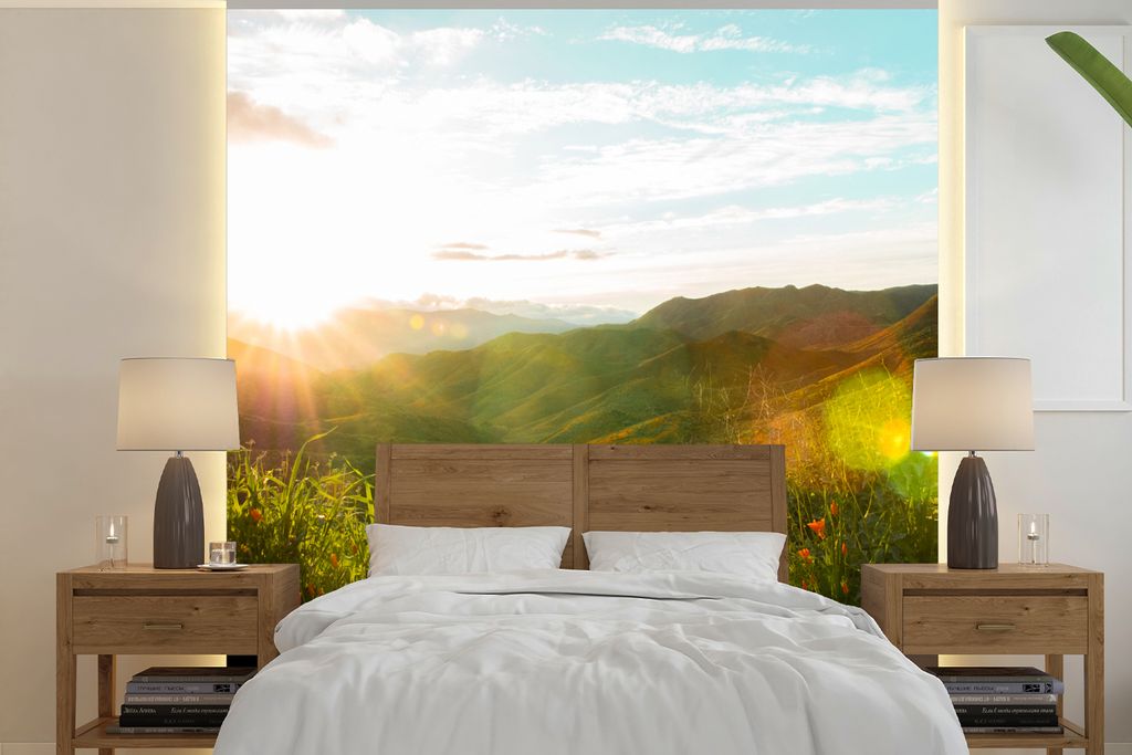MuchoWow Fototapete für Wohnzimmer oder Schlafzimmer Wandtapete Vinyl Motivtapete Hügel - Sonnenuntergang - Gras - Grün - 350x350 cm - Schlafz...