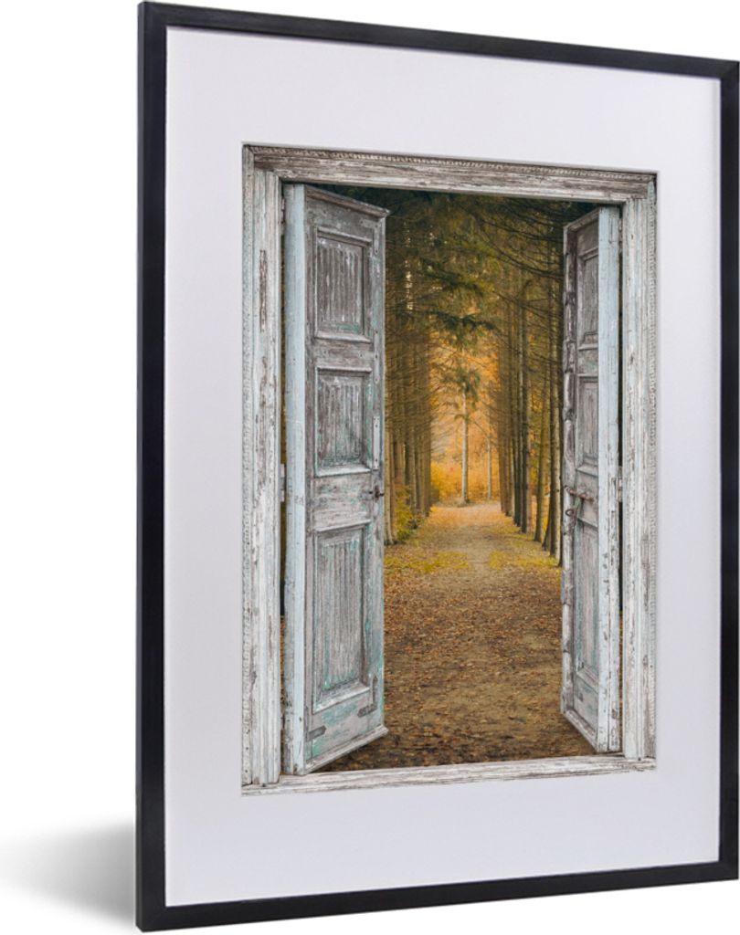 MuchoWow Gerahmtes Poster Wald - Herbst - Ausblick 30x40 cm - Poster mit Schwarzem Bilderrahmen Wandposter Rahmen Foto Bilder - Wandposter Schlaf...