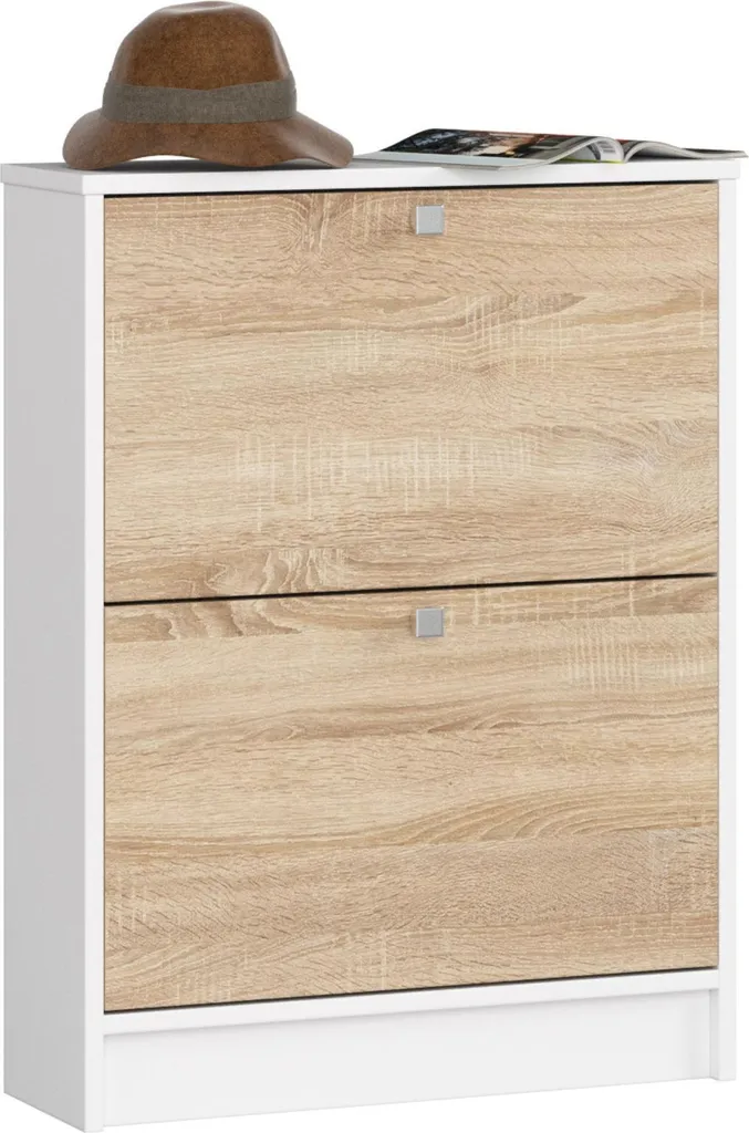 Armadio per scarpe 2 porte bianco/rovere sonoma per 6 paia di scarpe con porte inclinate e pratici porta-scarpe