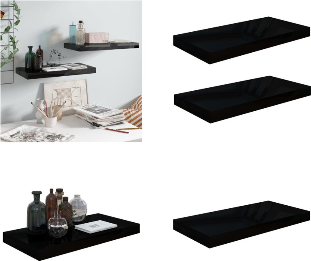 vidaXL Schweberegale 2 Stk. Hochglanz Schwarz 50x23x3,8 cm MDF - Wandregal - Wandregale - Schwebendes Wandregal - Wandregal Schwebend