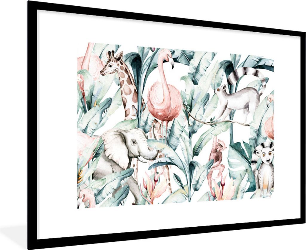 MuchoWow MuchoWow Gerahmtes Poster Aquarellieren - Tiere - Pflanzen - Dschungel - Jungen - Mädchen - Kinder 90x60 cm - Poster mit zchwarzem Bi...