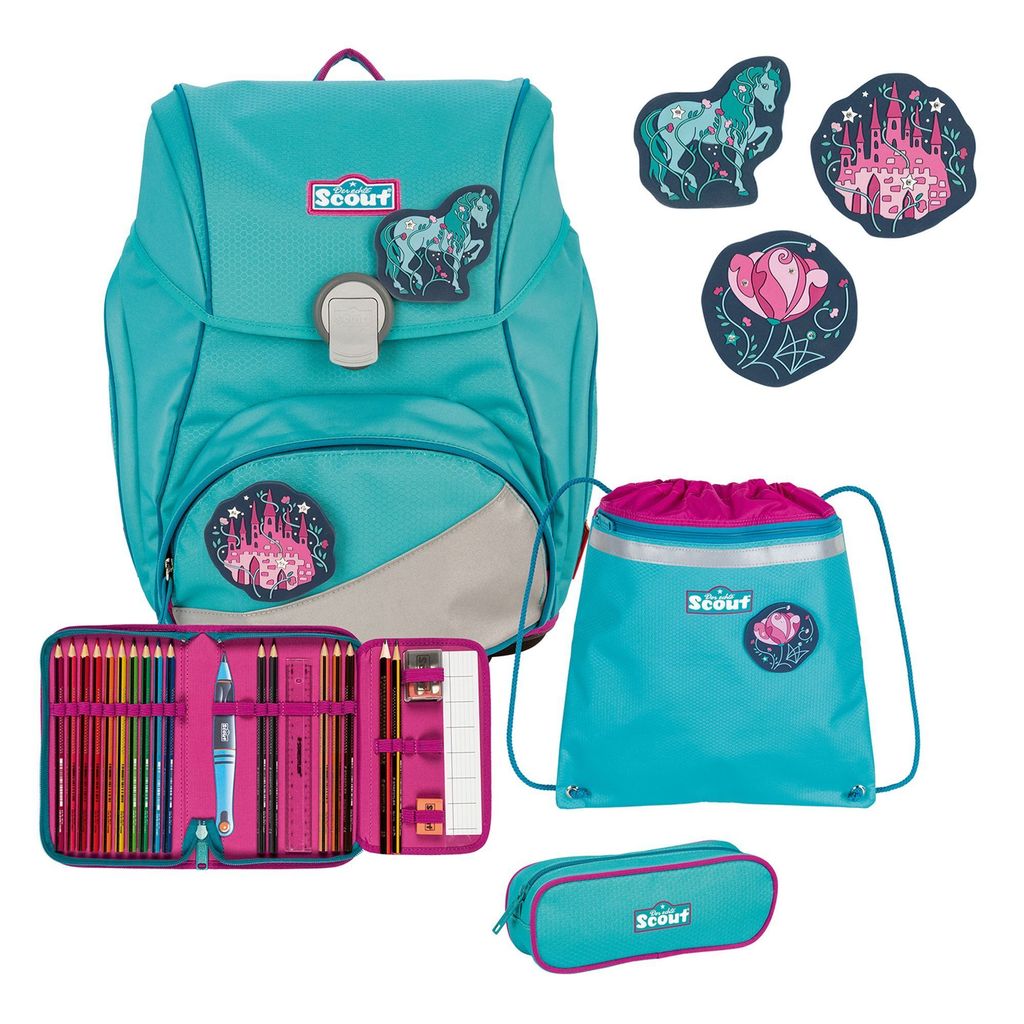 A collection of school supplies including a backpack, pencil case, and drawstring bag, along with decorative patches.