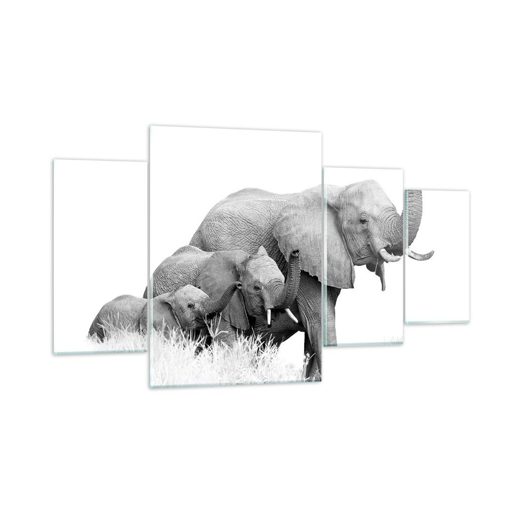 Bilder auf glas - 4 Teile - Elefanten Familie Schwarz und Weiß - 160x90cm - Glasbilder - Wandbilder - Bilder - Wanddekoration aus Glas - Glas Bild...