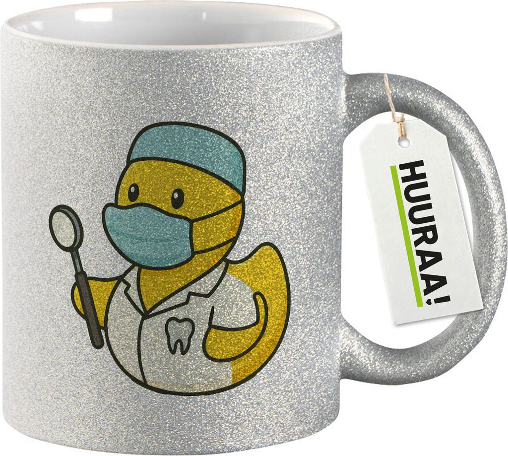 Huuraa Glitzertasse Quietscheente Zahnmedizin Comic Gummiente 330ml Silber Keramik Kaffeebecher Geschenkidee