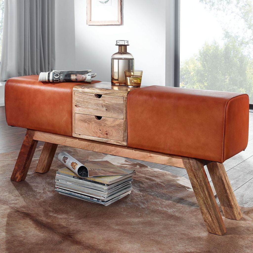 FineBuy Turnbock Sitzbank Braun mit Schubladen 120x56x30 cm Turnhocker Bank aus Echtleder mit Stauraum Hocker Garderobenbank Sitzhocker Springbock