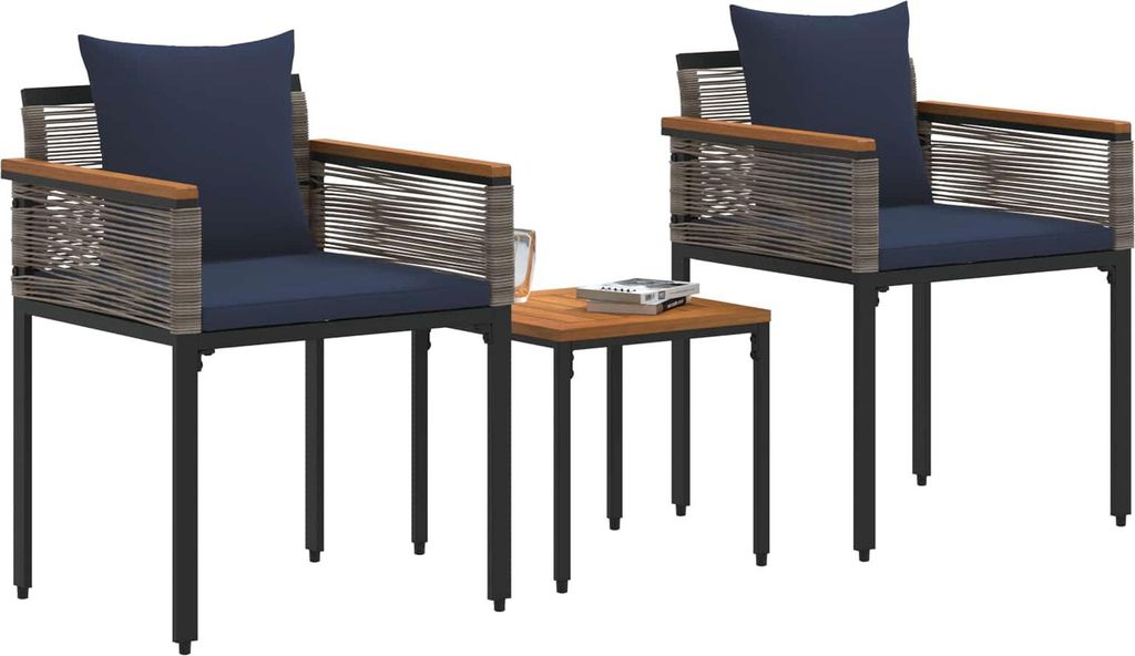 Gartenmöbel Set mit Kissen Grau und Marineblau Poly-Rattan