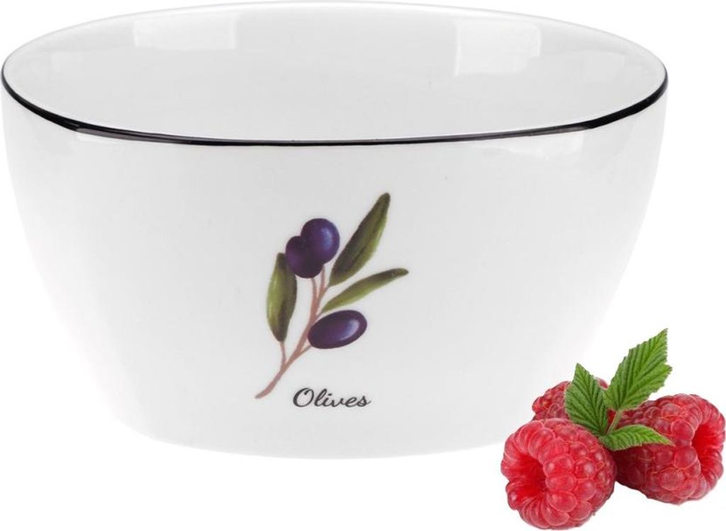 Salatschüssel aus Porzellan PROWANCE OLIVES 800 ml, milchig-weiß, farbenfroher Olivenzweigdruck, schwarzer Rand, New Bone Porzellan