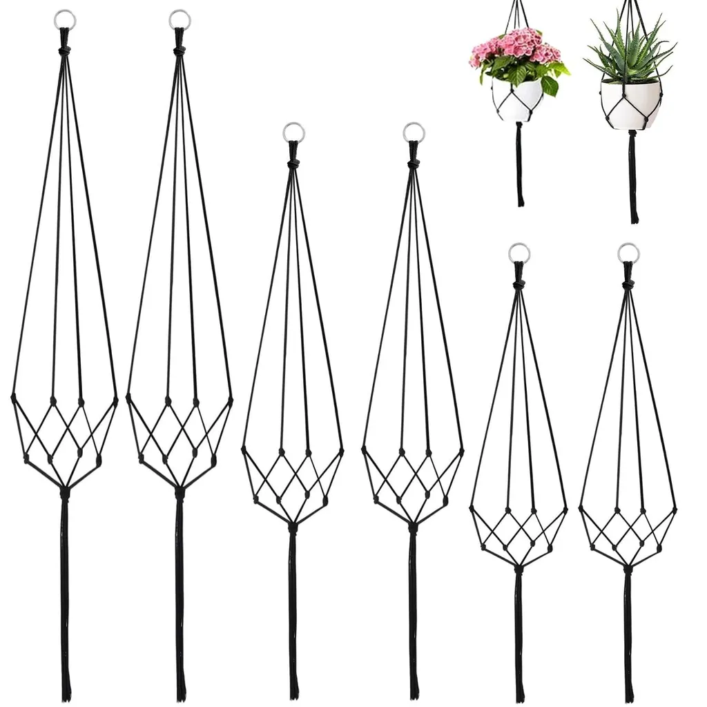 Lot de 6 suspensions macramé noir en corde de coton pour pots de fleurs