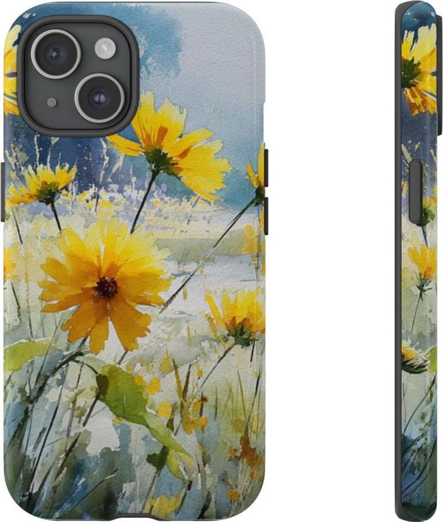 Strahlende Sonnenblumen auf pastellfarbener Landschaft – Hülle Kompatibel mit iPhone 15