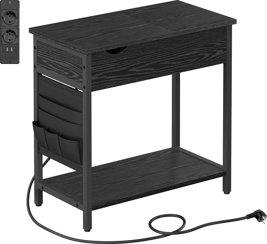 Beistelltisch mit Steckdose und USB-Anschlüssen, schwarz mit Holzmaserung