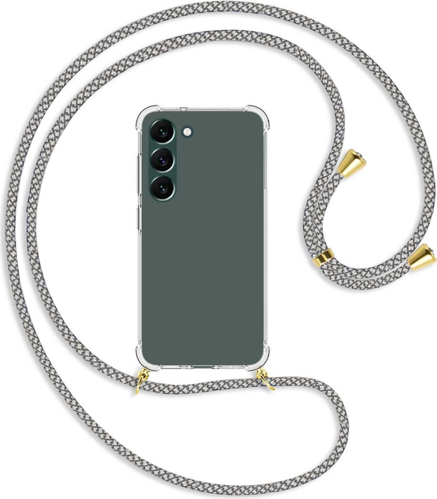 Handykette Backcover-Schutzhülle mit Band (Metall goldfarben) für Samsung Galaxy S23 Plus - weiß/grau kariert