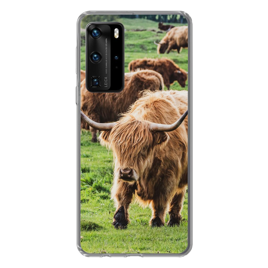 MuchoWow Handyhülle Schutzhülle Hülle für Huawei P40 Pro Schottische Highlander - Tiere - Gras Silikon Softcase Handy Hülle - Schutz