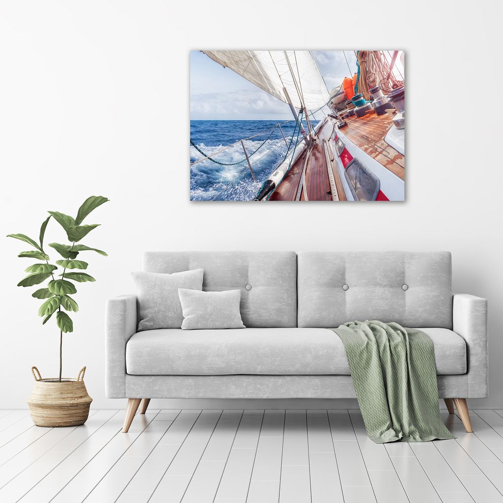 Tulup Glas-Bild - 100 x 70 - Wandbild aus Glas - Wandkunst - Wandbild hinter gehärtetem Sicherheitsglas - Fahrzeuge - Segelboot Meer - Braun