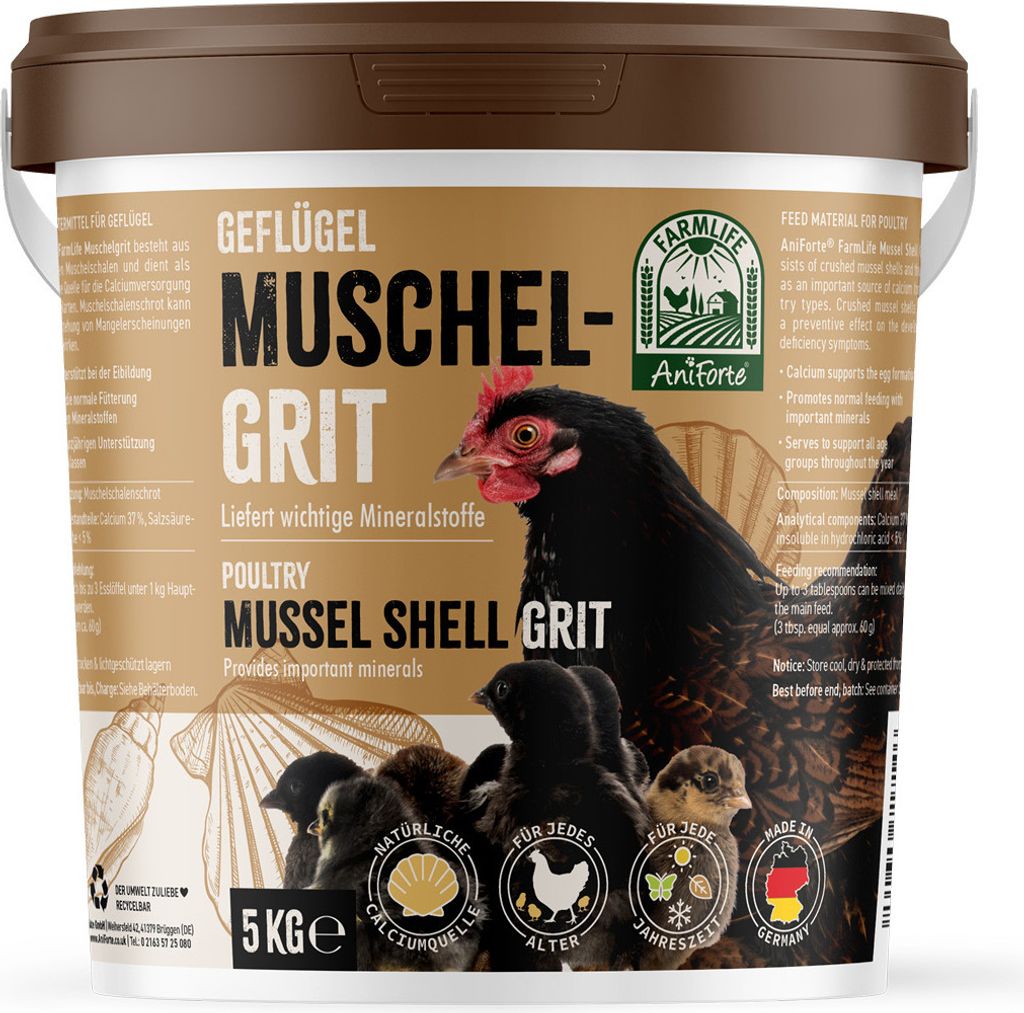 AniForte Muschelgrit für Hühner & Geflügel 5 kg - Mineralfutter für Hühner, Calcium für Geflügel, für Knochen- & Eierbildung, Grit für Hü...