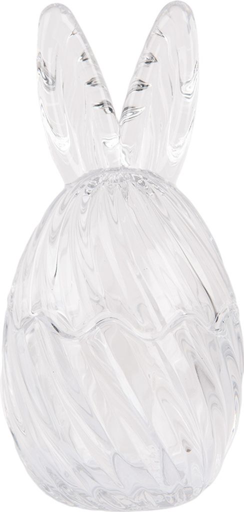 A clear glass Easter egg shaped object with bunny ears on top.
