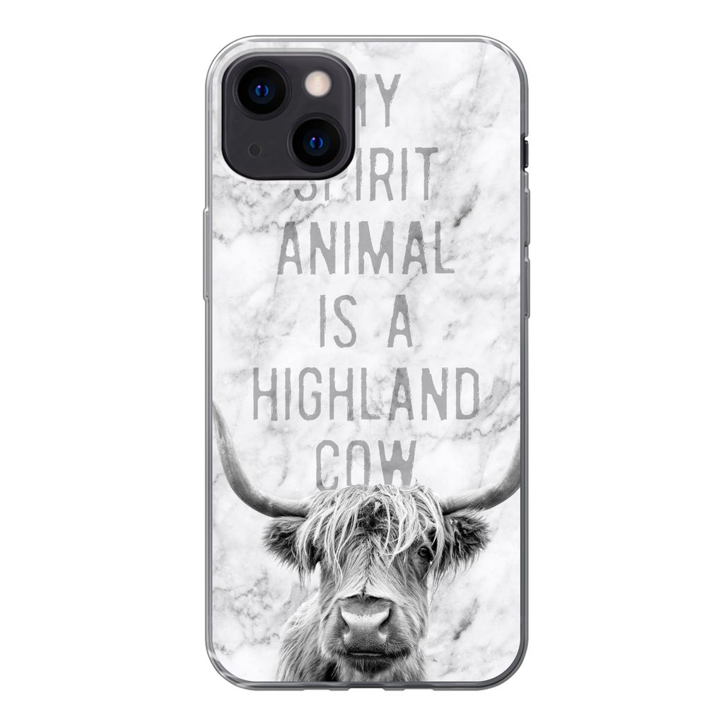 MuchoWow Handyhülle Schutzhülle Hülle für iPhone 13 Schottischer Highlander - Marmor - Zitat Silikon Softcase Handy Hülle - Karteninhaber
