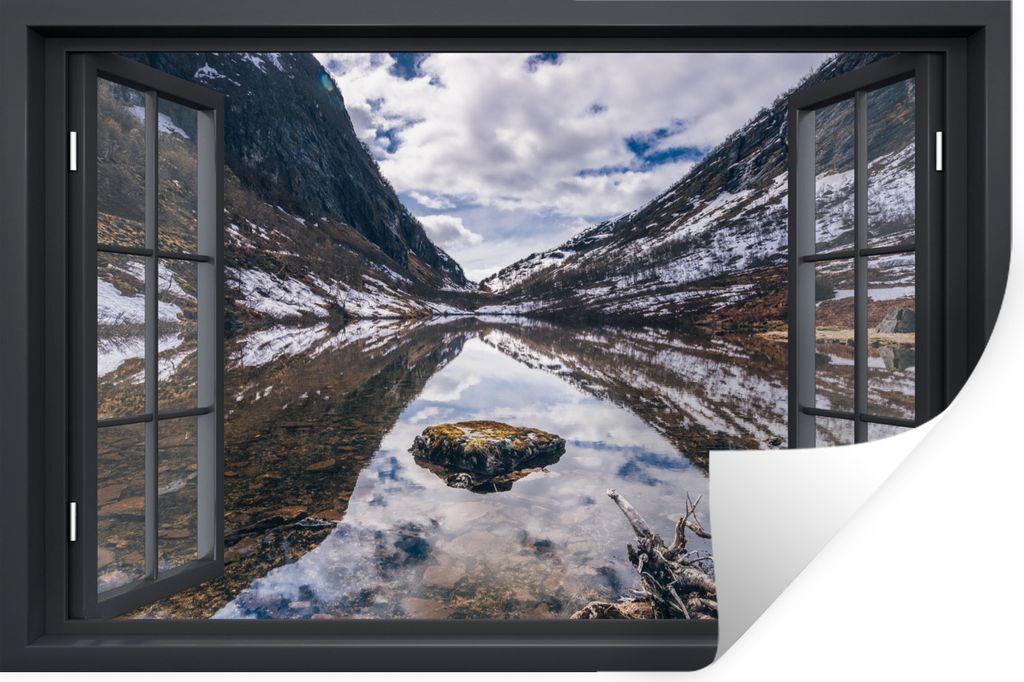 MuchoWow Wandtattoo Wandsticker Wandaufkleber Aussicht - Berge - Wasser 120x80 cm Selbstklebend und Repositionierbar - Selbstklebend - Fototapeten