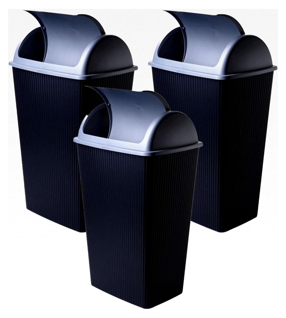 3er Mülleimer Küche 50L - Abfalleimer mit Schwingdeckel, 65x38x26 cm, Robuster, Recycelbarer Kunststoff, Schwarz/Silber