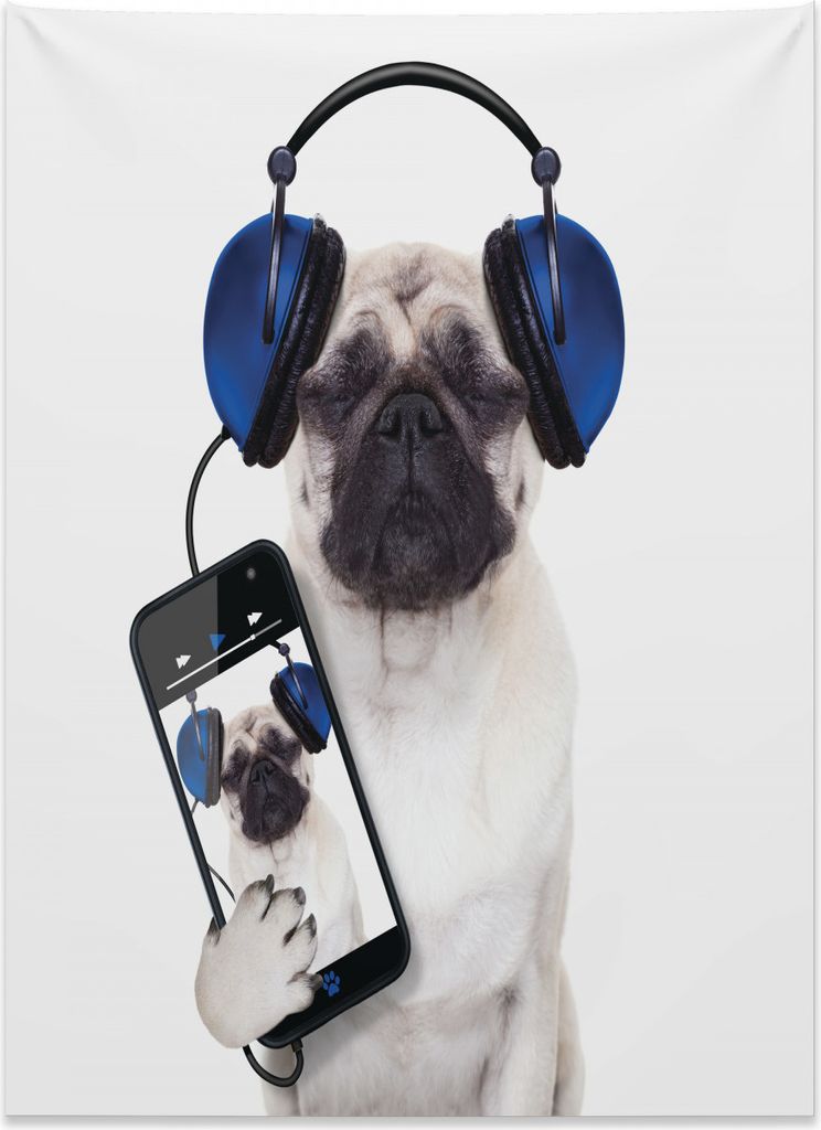 Abakuhaus Mops Wandteppich, Musik hörendes Hundetelefon aus Weiches Mikrofaser Stoff Kein Verblassen Klare Farben Waschbar, 110 x 150 cm, Marinebl...