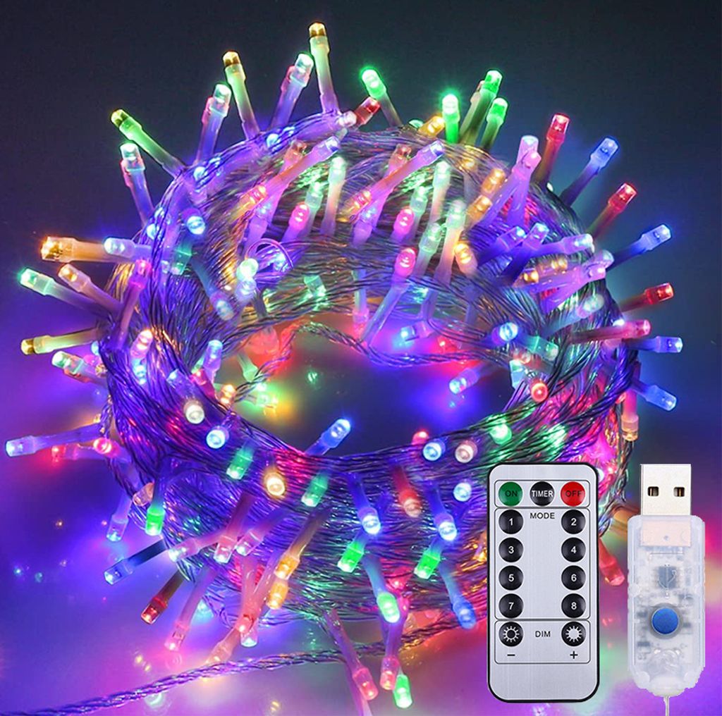 Lichterkette 10M 100 LED 8 Lichtmodi USB Wasserdicht mit Fernbedienung für Party Weihnachten Hochzeit Deko, Bunt