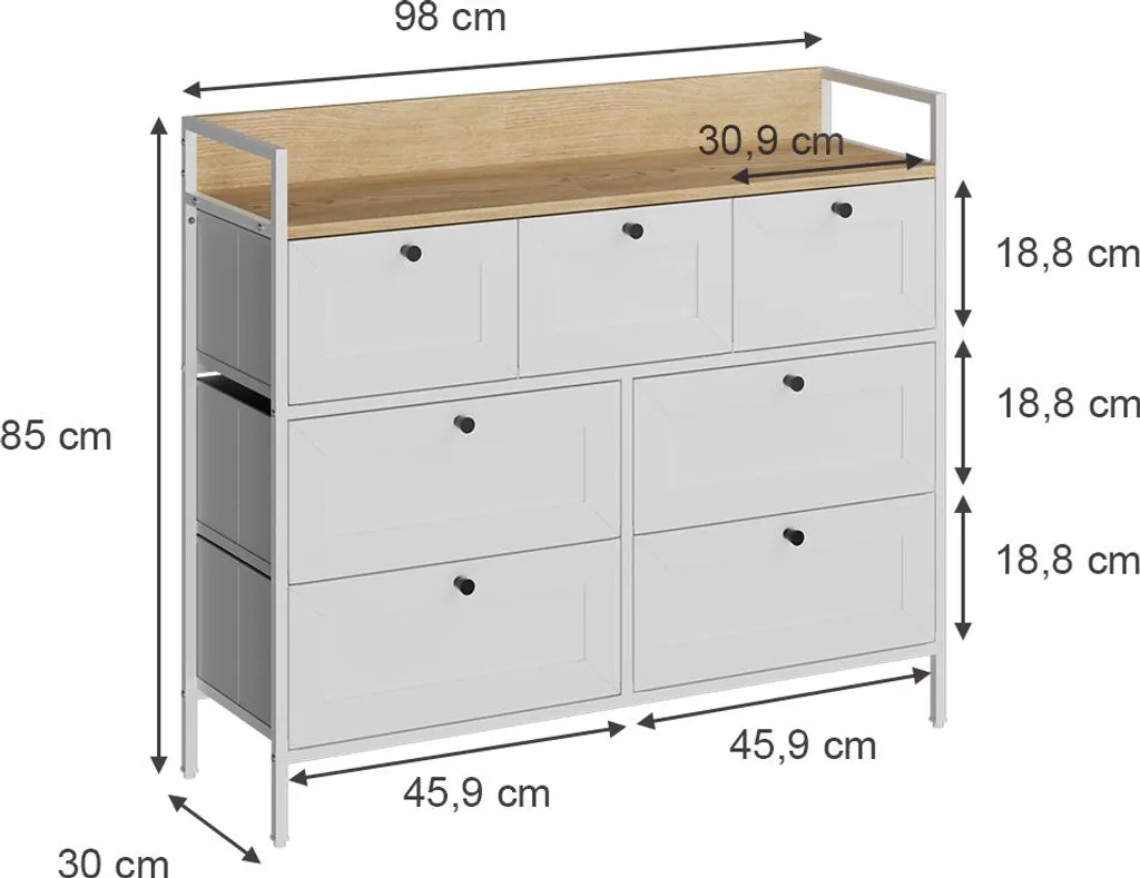 Commode Vicco Belaro Blanc 98x85cm avec 7 tiroirs, Modèle 51900 robuste - 2