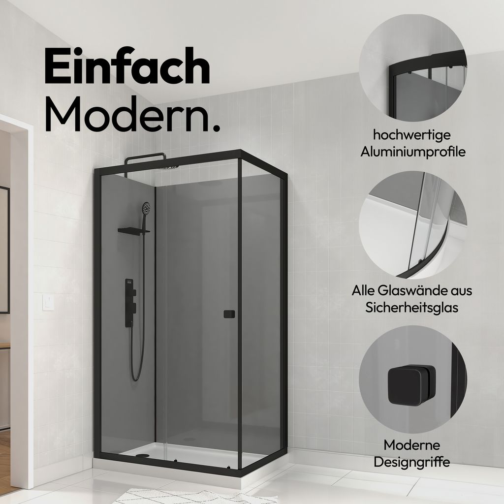 Dusche Komplett Marwell Grey Style Rechteck 110x80x215 cm – Fertigdusche mit 5 mm Sicherheitsglas, getönten Rückwänden & Regendusche in Schwarz