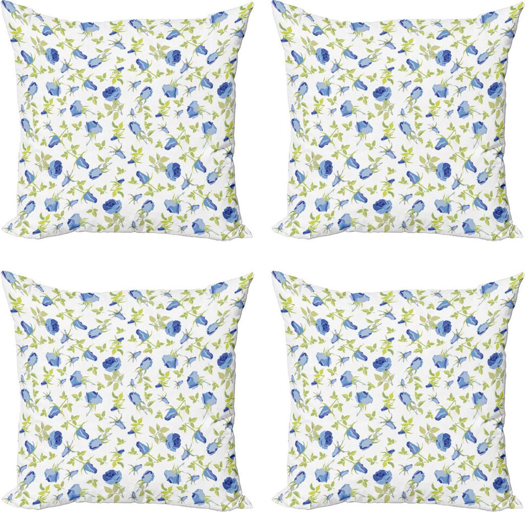 ABAKUHAUS Green Flower Kissenbezug Set (4 Stück), Aufwändige Rosen-Knospen, Moderner Doppelseitiger Digitaldruck, 45 cm x 45 cm, Blau Hellgrün W...