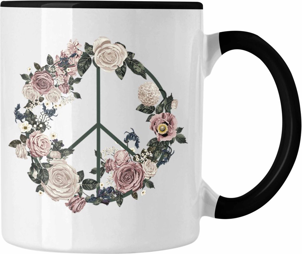 Trendation - Peace Zeichen Tasse Geschenk Hippies Frieden Stop Geschenkidee Blumen Design (Schwarz)