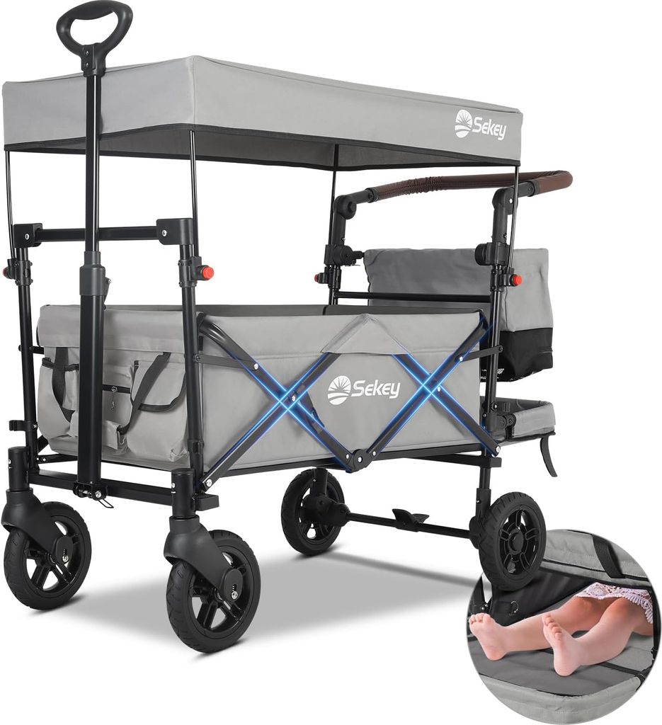 Sekey Bollerwagen Faltbar mit Dach und Bremse Bollerwagen Faltbar Kinder bis 150 kg 2 Sitzer mit 3-Punkt Gurtsystem, Handwagen Transportwagen Grau
