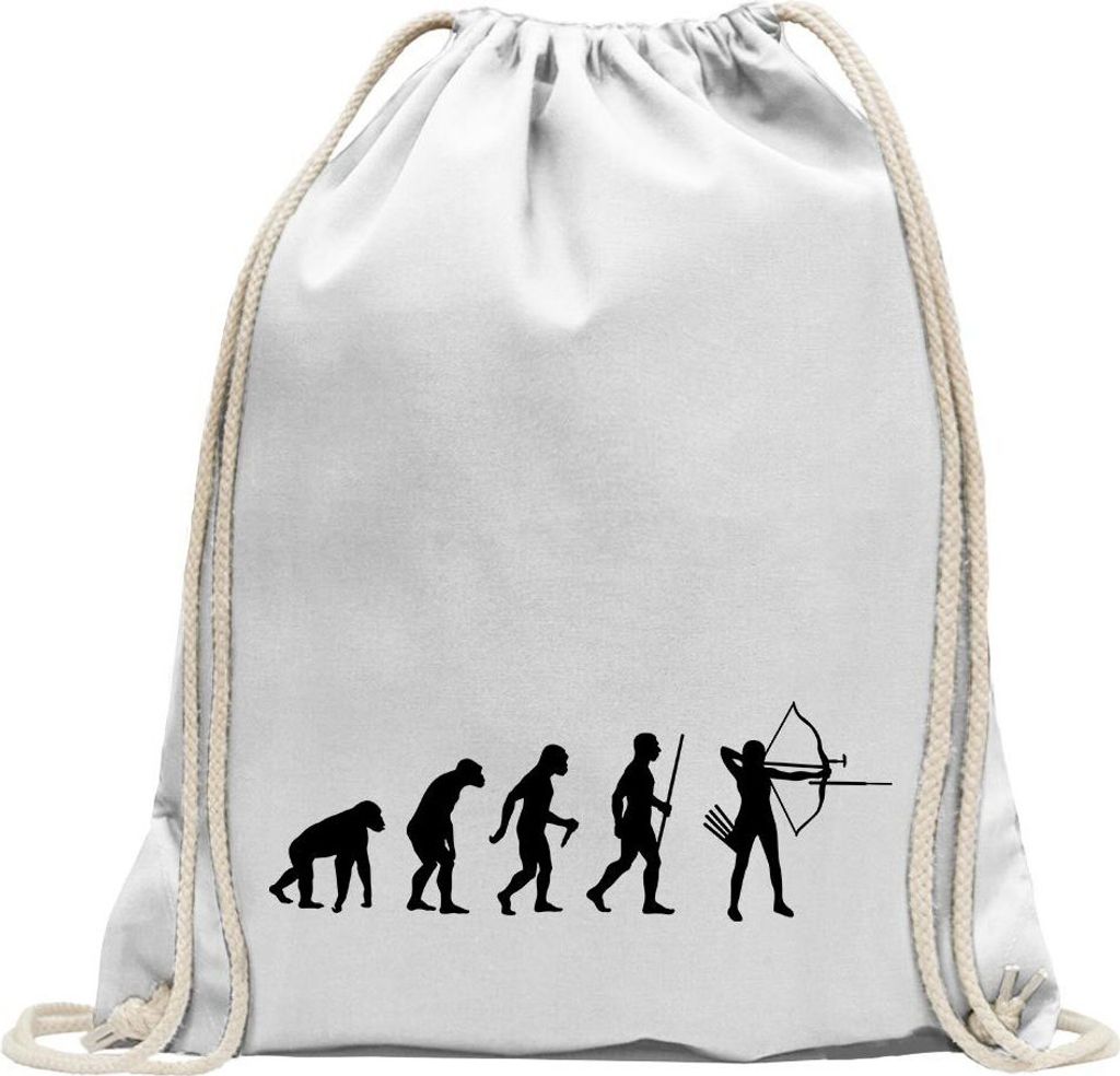 Kiwistar - Turnbeutel - weiss - Bogenschießen Evolution - Fun Rucksack Sport Beutel Gymsack Baumwolle mit Ziehgurt