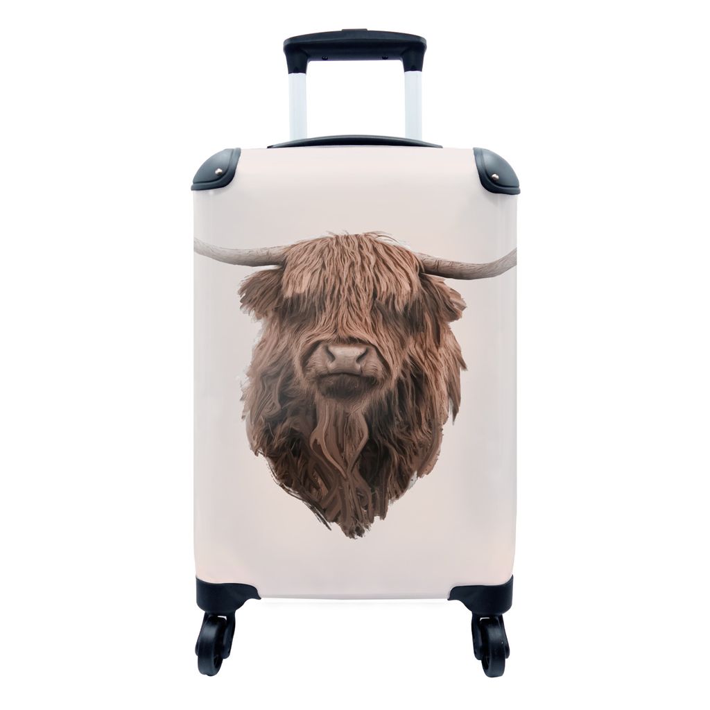 MuchoWow Koffer Handgepäck Trolley Rollkoffer Kleine Reisekoffer mit 4 Rollen - Kopf - Schottischer Highlander - Illustration - Cabin Size < 55x...
