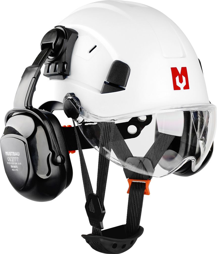 Mustbau Sicherheitshelm-Set, EN397 Schutzhelm mit Ohr- und Gesichtsschutz, verstellbares Kopfband von 53 bis 63 cm, strapazierfähiges ABS-Material
