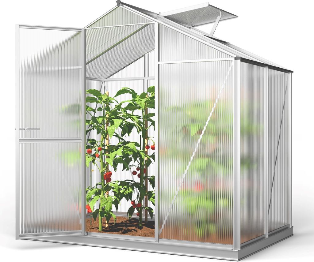 GFP Gewächshaus ECO-Star 2 Alu-Rahmen 192x131 cm, 8 mm Doppelstegplatten, mit Fundamentrahmen automatischer Fensteröffner