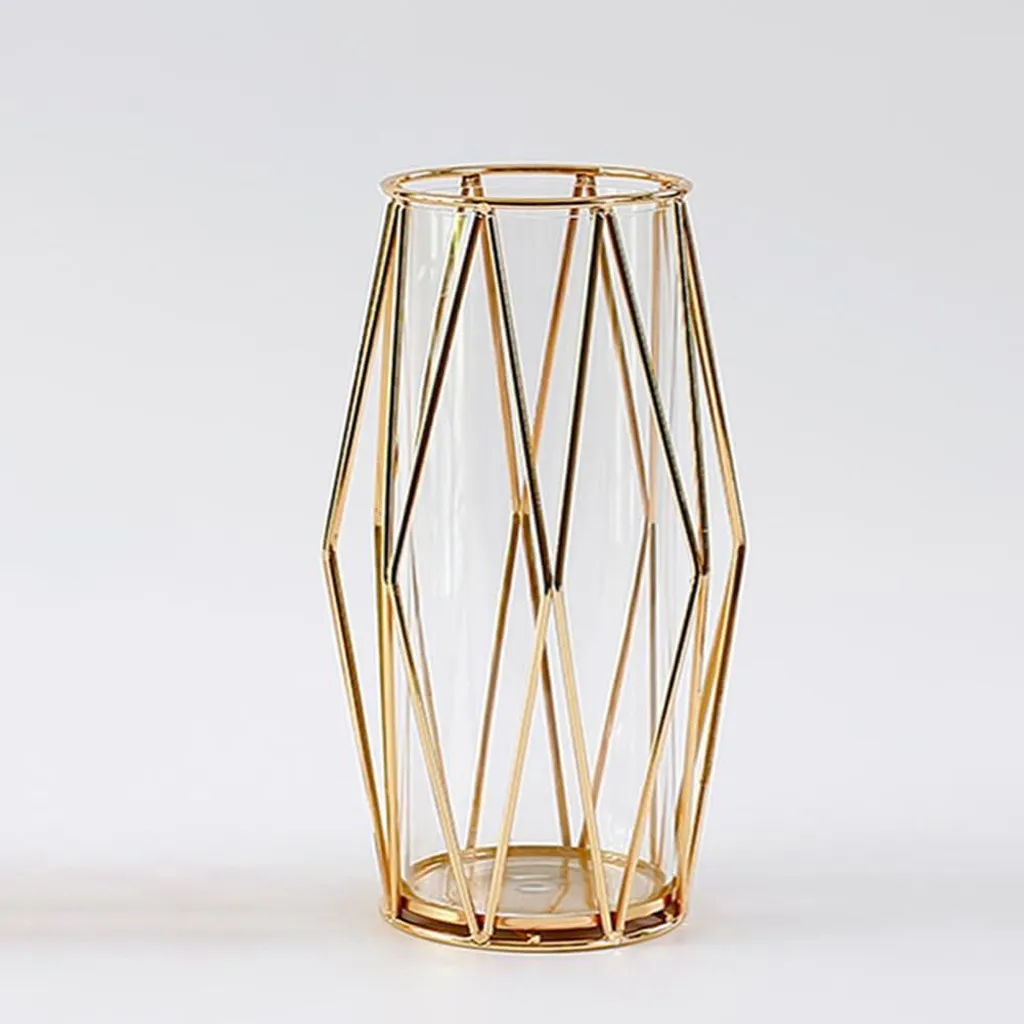 Grand vase tube en verre transparent 28 cm avec socle géométrique doré
