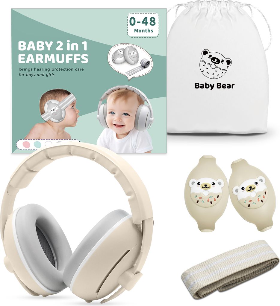 Youha Gehörschutzset - Gehörschutz geeignet für Babys und Kleinkinder (0-4 Jahre) - 2-in-1 Set - Anti-Rutsch- und Klettverschluss - Farbe: Beige