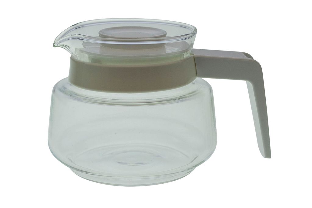 A clear glass coffee pot with a gray handle and lid on a white background.