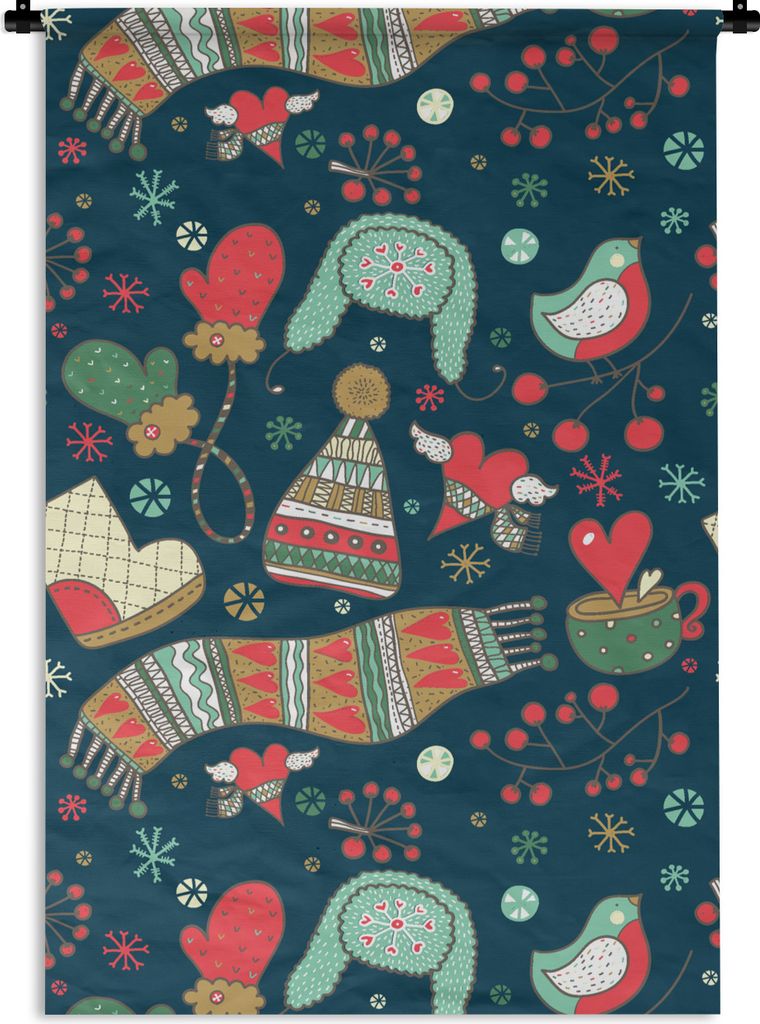 MuchoWow Wandteppich Wandbehang Winter - Design - Tee - Handschuhe - Mütze 60x90 cm Tapisserie Dekoration Wandtuch - Foto-Teppich - Abwaschbar