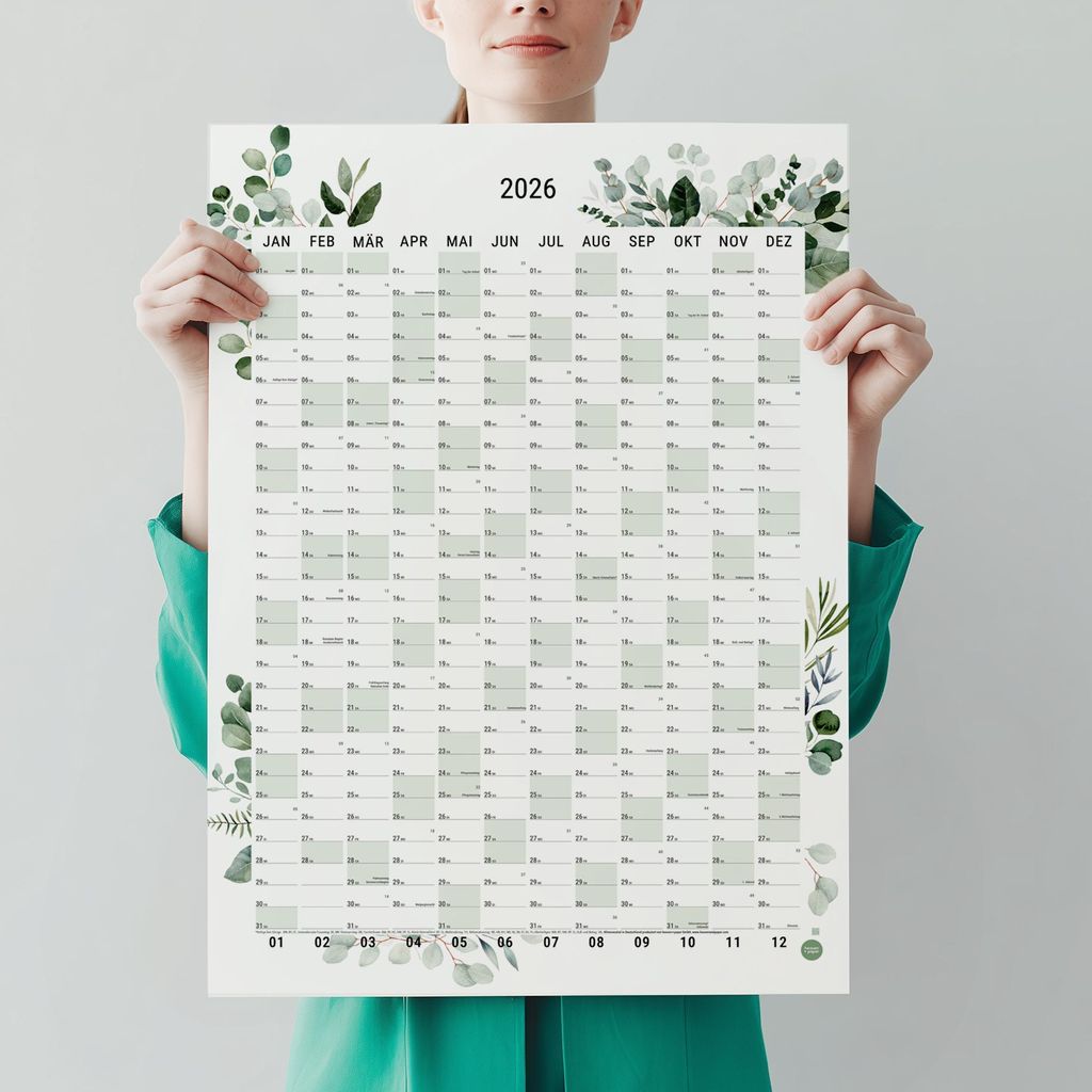 heaven+paper A2 Wandplaner gerollt 2026 Green Hochformat, hochwertig