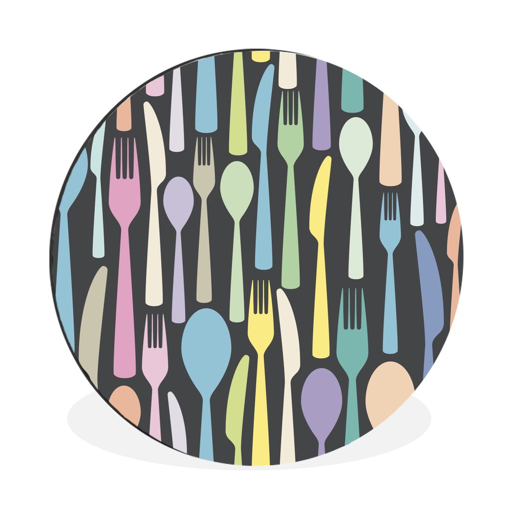 MuchoWow Aluminium Wandkreis Bunt gemustertes Besteck Ø 60 cm Wanddeko Modern Wohnzimmer - Wand Kreis - Wandbild - Schlafzimmer - Aluminium Bild...