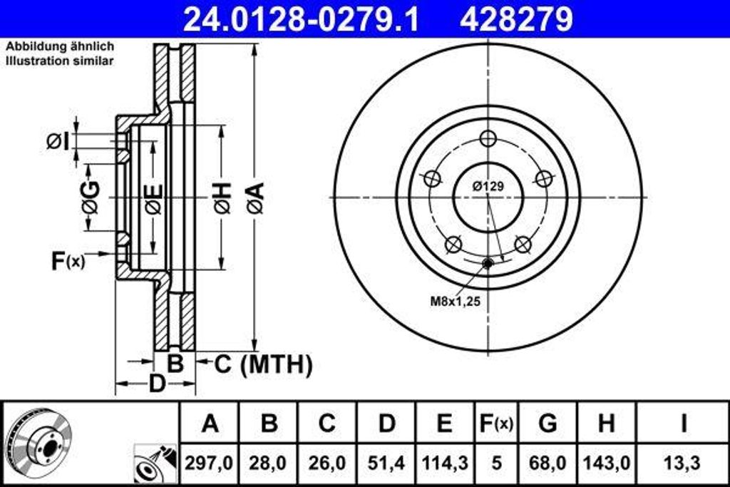 ATE 24.0128-0279.1 Bremsscheibe OE GHP933251A kompatibel mit 6