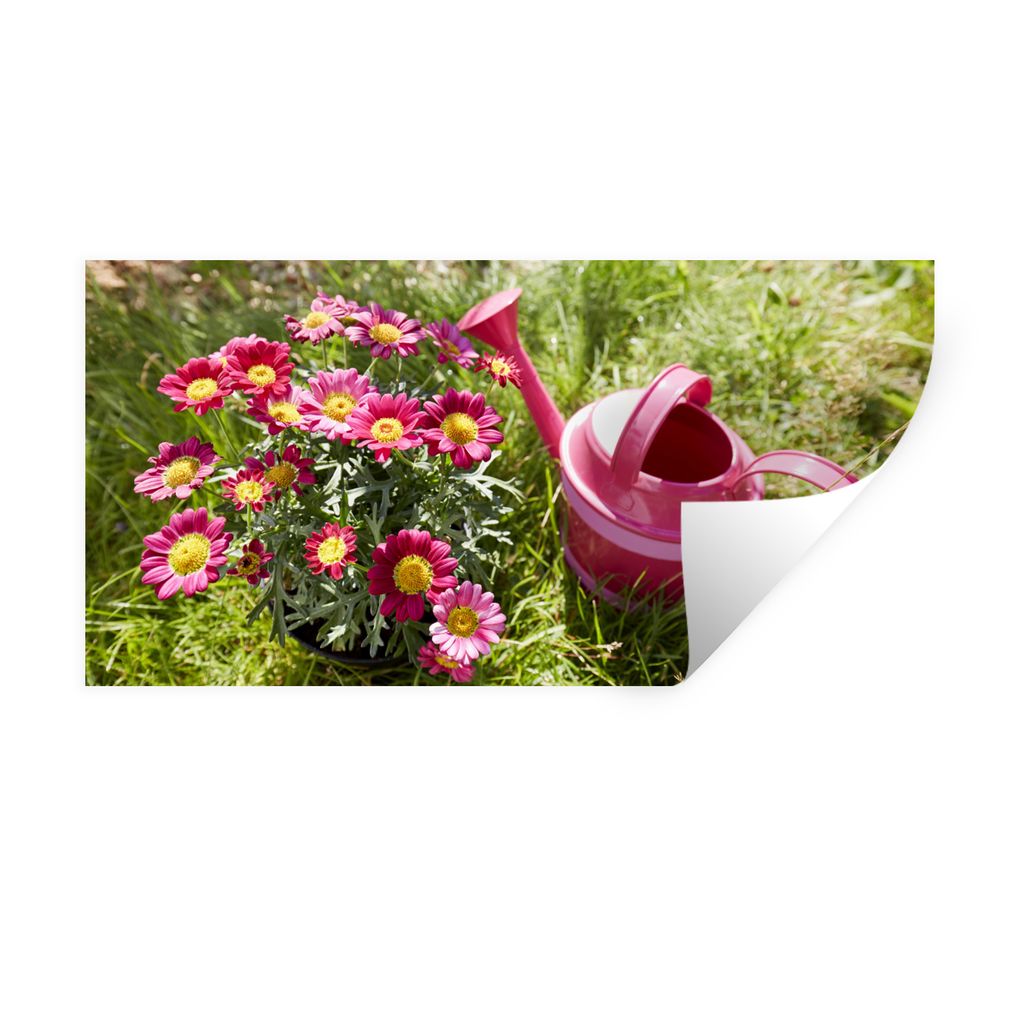 MuchoWow Wandtattoo Wandsticker Wandaufkleber Blumen - Gießkanne - Rosa 80x40 cm Selbstklebend und Repositionierbar - Aufkleber