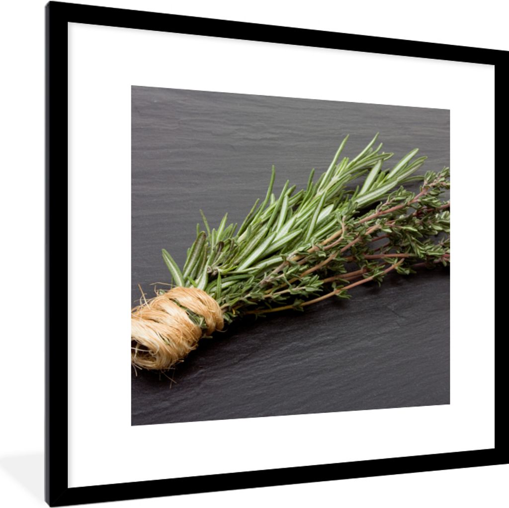 MuchoWow Gerahmtes Poster Thymian - Kräuter - Grün - Tisch - Küche - Stein 40x40 cm - Poster mit Schwarzem Bilderrahmen Wandposter Rahmen Foto...