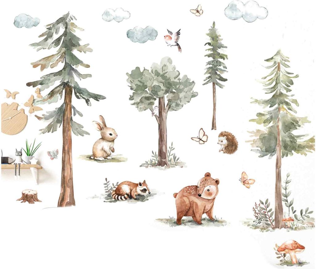 4 pcs Wandtattoo Waldtiere Baum Groß Wandaufkleber,Wandtattoo Waldtiere Baum Wandsticker, für Kinderzimmer Babyzimmer Schlafzimmer