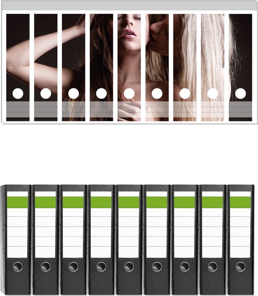 Wallario 9 Stück breite Ordner inkl. Klebeetiketten mit Motive Sexy Lesben-Erotik : zwei nackte junge küssende Frauen - Set mit Rückenschildern...